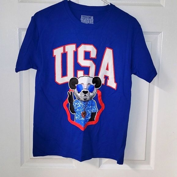 Bailey Apparel Boys USA Panda Peace Sign Blue White Red T-Shirt NWOT Size Large - Picture 1 of 2